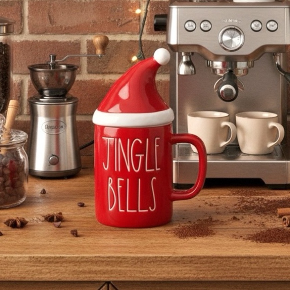 Rae Dunn Jingle Bells Red Mug with Santa Hat Lid NEW Holiday Christmas Cocoa - Picture 6 of 6